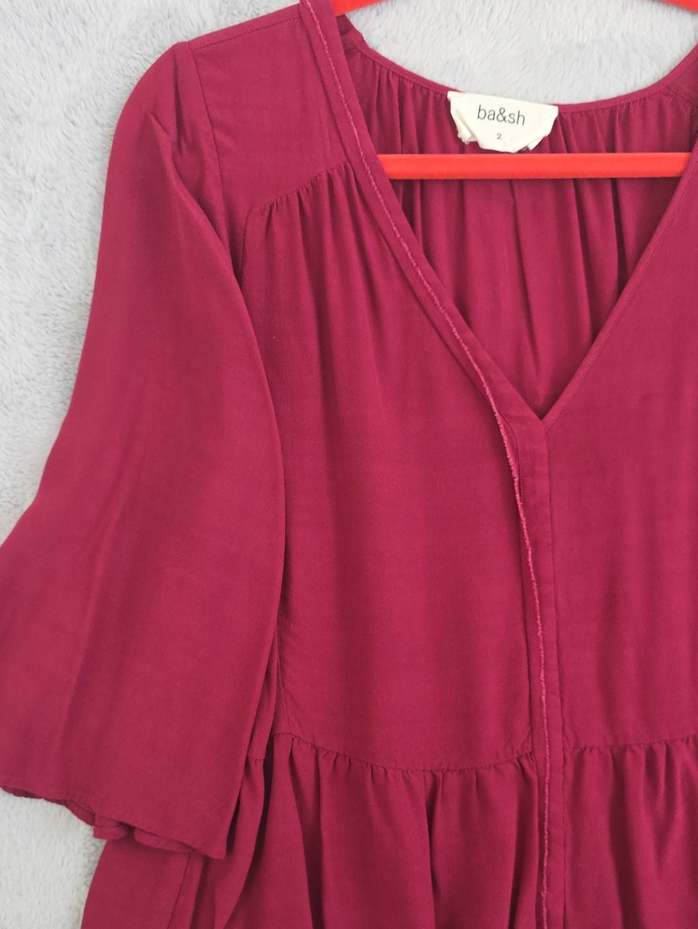 ba&sh Burgundy Peplum Blouse Size 2 Bell Sleeve V-Neck Boho Top - Picture 2 of 9